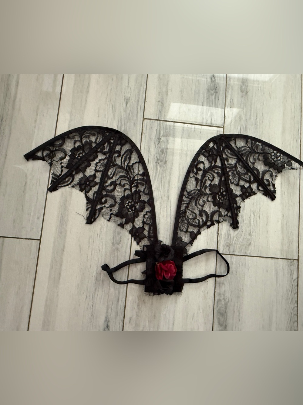 Black Lace Bat Wing Hair Accessory with Red Rose Accent